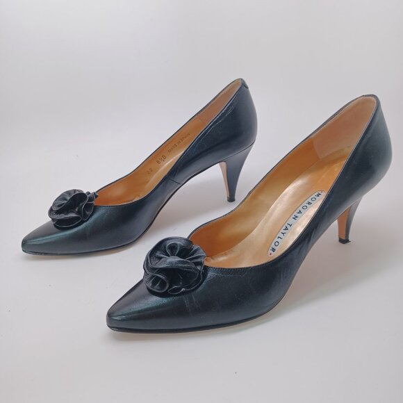 Morgan Taylor Heels Black Leather Rosette Point Toe Classic Vintage Womens 8.5 - Picture 7 of 16